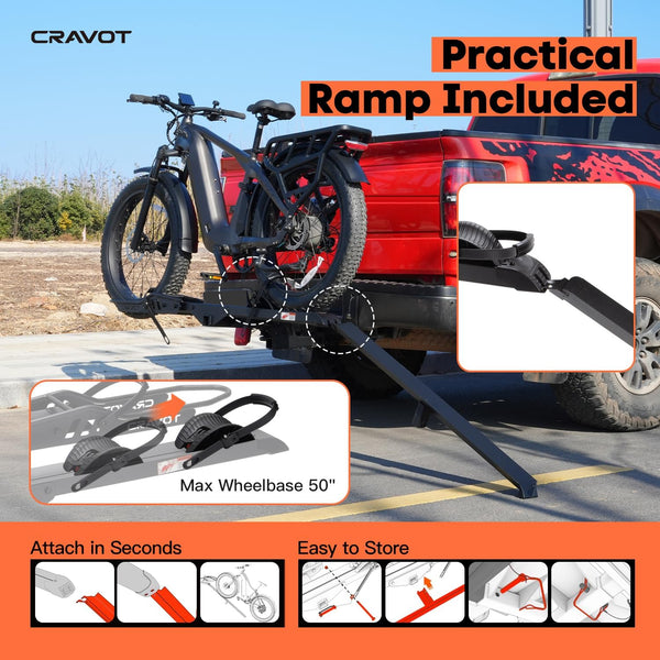 CRAVOT CyberRack E2 Hitch 2 EBike Rack with Ramp, 200 lbs Capacity Electric Bike Carrier Foldable Platform Mount, Up to 5-inch Fat Tire Bicycle for 2'' Receiver Cars Trucks SUVs Minivans RV, Trailer