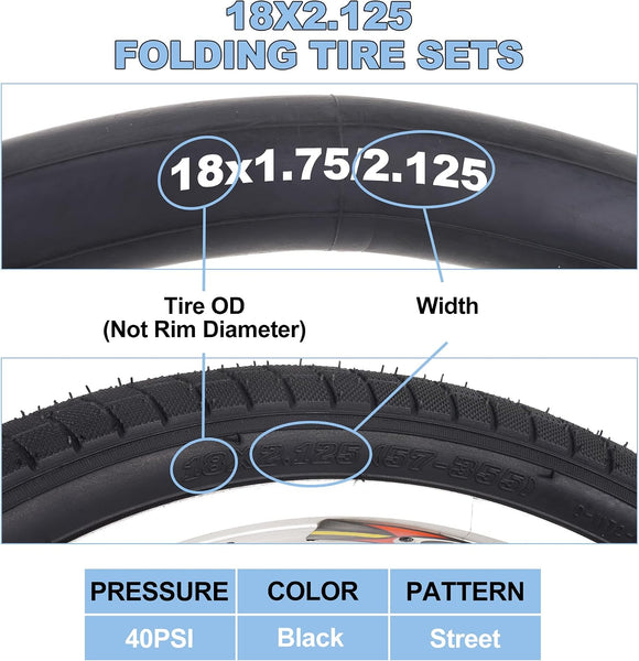 2 Sets 18x2.125 Bike Tire and Tube, 18 Inch Kids Bike Tire Straight Stem with Tyre Repair Kit Compatible with BMX Bike Joystar Balance Bike Road Bicycle Folding Bike