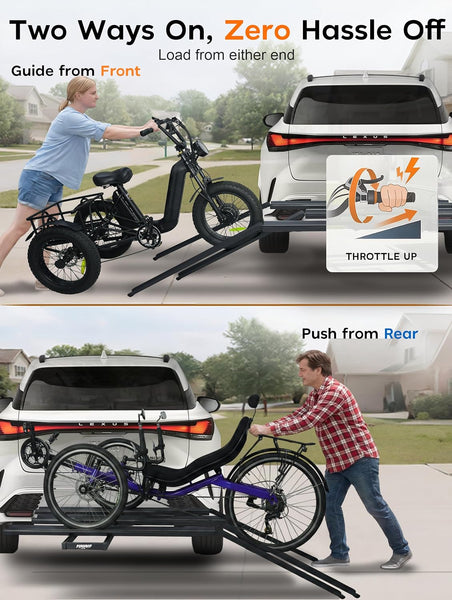 Hitch Mount Trike Rack for Tricycles - Bike Rack with 3 Ramps for Fat Tires Electric Trike, Adjustable Etrike Rack for Adult Tricycle, Folding Trikes Carrier for Cars, Trucks, SUVs, RVs 2" Receiver