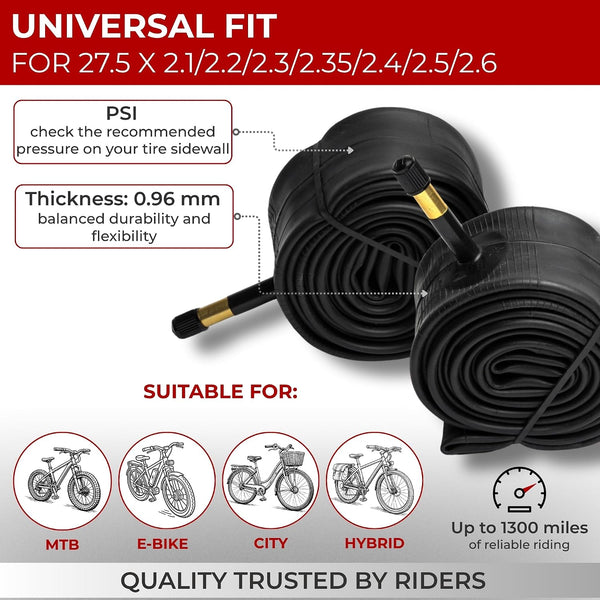Fincci 27.5 x 2.0/2.1/2.2/2.3/2.35/2.4/2.5/2.6 Inch Bike Inner Tube – 48mm Schrader Valve – Butyl Rubber – Fits Mountain & Hybrid Bikes – Pack of 2