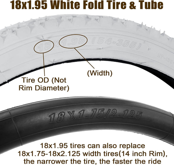 2Sets 18x1.95 Bike Tires and Tubes, Puncture Resistant Off-Road Folding Bicycle Tire Sets 50-355 Compatible with E-Bike Mountain Bike MTB Bicycle All-Terrain Directional Tread, White Color