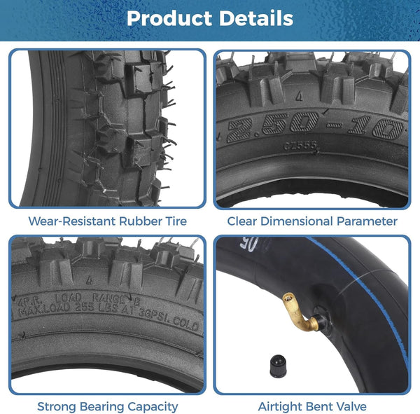 yeesport 2.50-10 Dirt Bike Tire and Tube Kit, 60/100-10 Off Road Tire and 2.50-10 Dirt Bike Tube with Rim Strip and Valve Core Tools, 10 Inch Pit Bike Tire for Mini Dirt Bikes, Front Rear Wheel