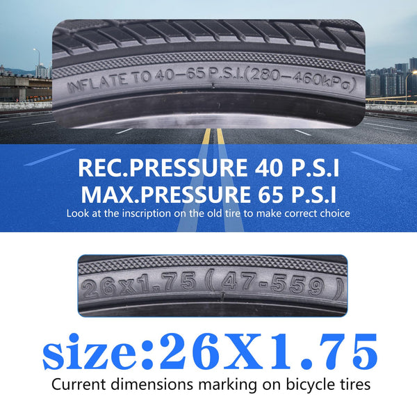 26x1.75 Bike Tires (47-559) 26 Inch Bike Tires or with 26" Bike Tubes 32mm Schrader Valve Suitable for 26 x 1.5 26 x 1.75 26 x 1.95 Bicycle Tires and Tubes for City Road Bicycles