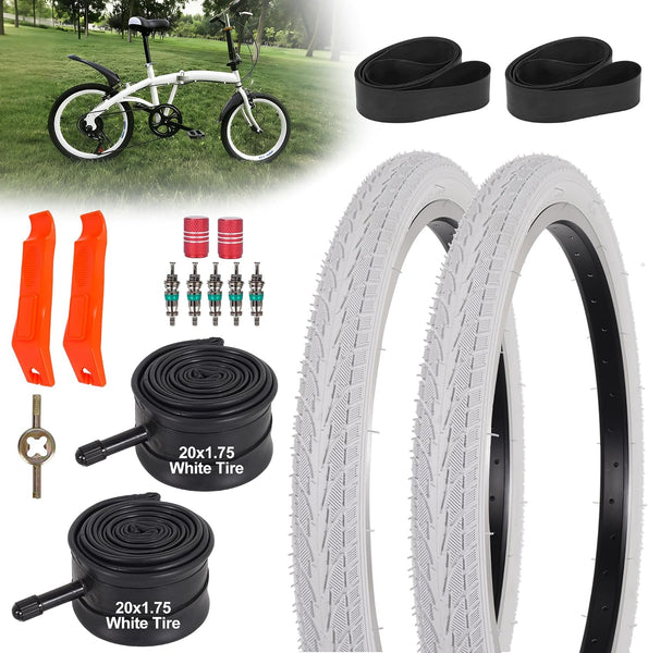 2Sets 20x1.75 White Bike Tires and Tubes, 20 Inch Bike Tire Puncture Resistant Folding Street Bike Tire Sets 47-406 Compatible with Road Street Bicycle E-Bike Wheelchair Low Resistance