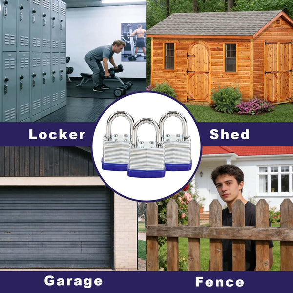 SEPOX® Trinity Keyed-Alike Padlocks Outdoor, Reinforced Laminated Steel Body Heavy-Duty 1-9/16" 40MM, Uncuttable Standard Shackle, 3-Pcs-Lock, 6-Pcs Same Keys, for Gym Locker, Toolbox, Shed, Storage
