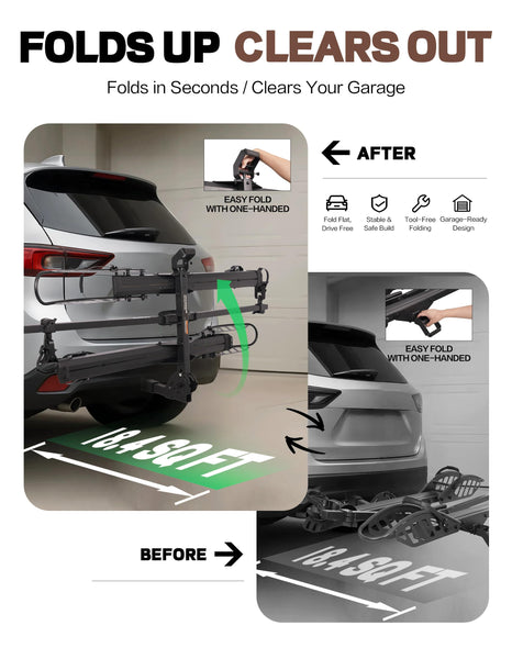 Bike Rack for Car Hitch Mount - Young Electric 2 Ebike Rack Heavy Duty Platform Carrier 200lb Capacity, Smart Tilting & One Hand Folding Bicycle Racks for SUV, Minivan, RV, Fits 5-Inch Fat Tires