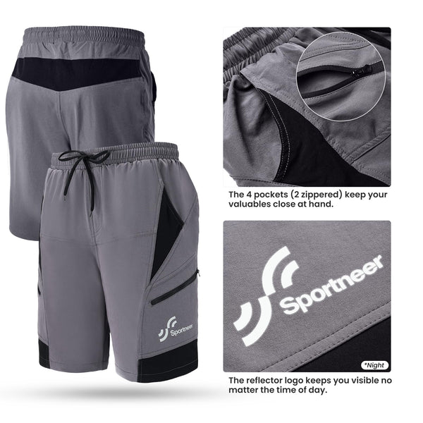 Sportneer Bike Shorts for Men: 3D Padded Lightweight Riding Biking Cycling Mountain Bike Shorts for Men with Zipper Pockets