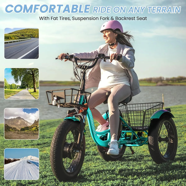 750W Motor Electric Tricycle for Adults, 7 Speed 20 X 4.0 Inch Fat Tire 3 Wheel Electric Bike, 48V Removable Battery, Motorized Trike with Carry Cargo Front & Rear Basket