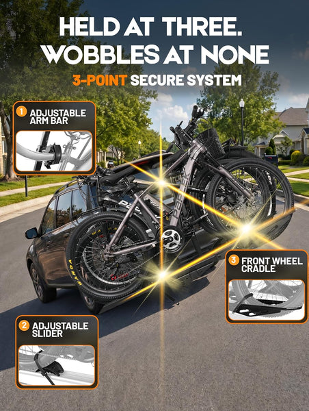 4 Bike Rack for Car Hitch Mount - Young Electric Bike Rack for Cars, SUVs, Trucks, Detachable 250 lbs Ebike Carrier for Tow Hitch Ebikes & Bikes, Folding Add-On E Bike Racks with 2" Receiver