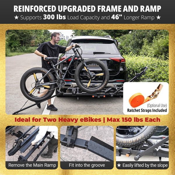 TrailV2 Plus Hitch 2 Ebike Rack with Ramp, Tilt, Fold, Anti-Theft Hitch & Wheel Locks, Heavy Duty 170 lbs Capacity, Fits 2" Receiver, Max 5" Fat Tires, Electric Bike Rack for Car, SUV, Truck, RV