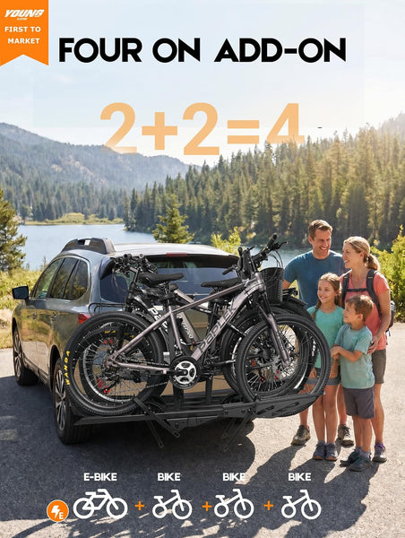 4 Bike Rack for Car Hitch Mount - Young Electric Bike Rack for Cars, SUVs, Trucks, Detachable 250 lbs Ebike Carrier for Tow Hitch Ebikes & Bikes, Folding Add-On E Bike Racks with 2" Receiver