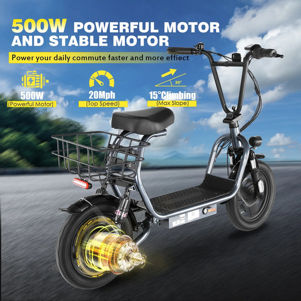 Electric Scooter with Seat, 819W Peak 500Wh Battery 25 Miles Range 20Mph Top Speed, Foldable Electric Scooter for Adults with Basket, Gray