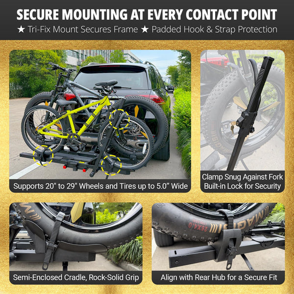 TrailV2 Plus Hitch 2 Ebike Rack with Ramp, Tilt, Fold, Anti-Theft Hitch & Wheel Locks, Heavy Duty 170 lbs Capacity, Fits 2" Receiver, Max 5" Fat Tires, Electric Bike Rack for Car, SUV, Truck, RV