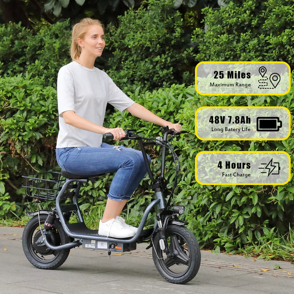 Electric Scooter with Seat, 819W Peak 500Wh Battery 25 Miles Range 20Mph Top Speed, Foldable Electric Scooter for Adults with Basket, Gray