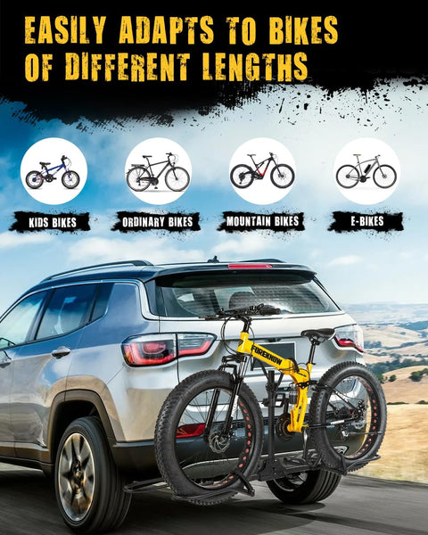 2 Bike Racks for Tow Hitch 180 Lbs Capacity for Bikes, Electric Ebikes, Fat Tire, Road Bikes and MTB, Tilting Folding E-Bike Rack for Car SUV Pickup Truck RV Camper - 2 Inch Receiver