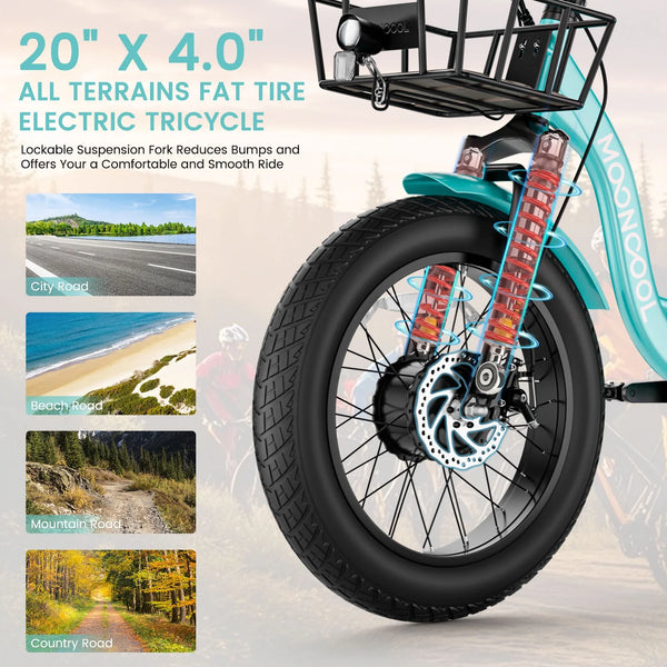 750W Motor Electric Tricycle for Adults, 7 Speed 20 X 4.0 Inch Fat Tire 3 Wheel Electric Bike, 48V Removable Battery, Motorized Trike with Carry Cargo Front & Rear Basket