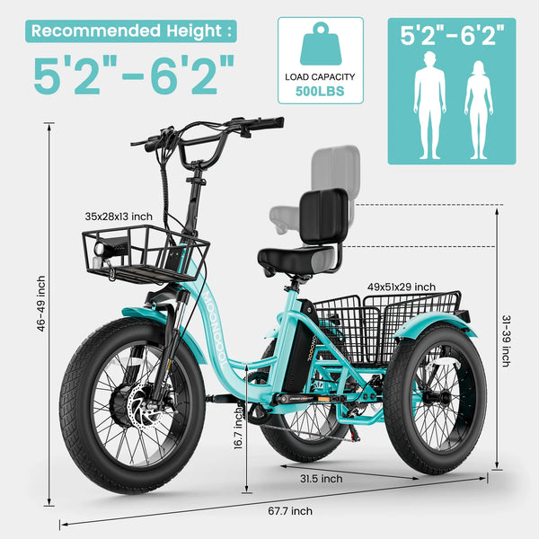 750W Motor Electric Tricycle for Adults, 7 Speed 20 X 4.0 Inch Fat Tire 3 Wheel Electric Bike, 48V Removable Battery, Motorized Trike with Carry Cargo Front & Rear Basket